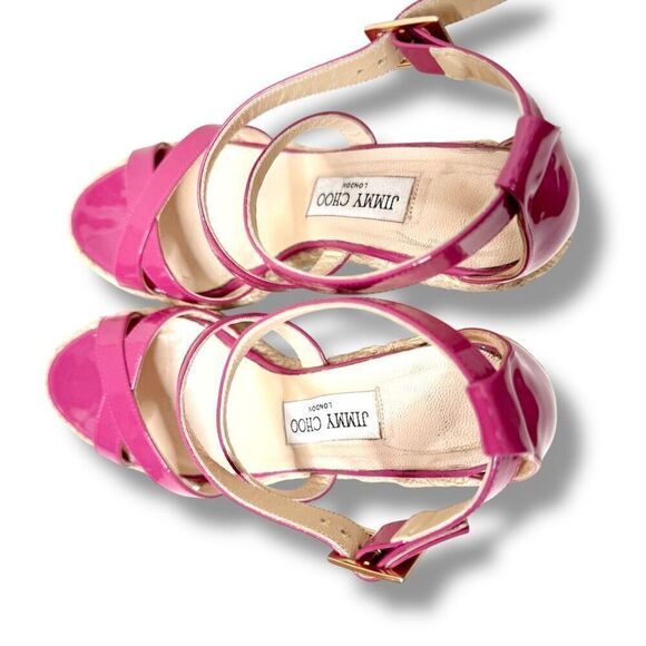 Jimmy Choo Dark Pink Patent Leather Porto Espadrille Platform Wedge Sandals 38 - Picture 6 of 12